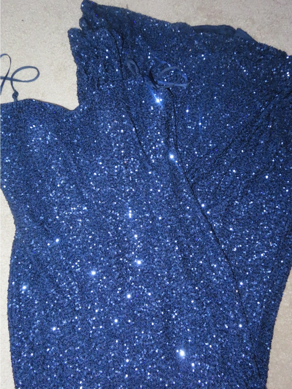 La Femme Navy Sequin Strapless Gown